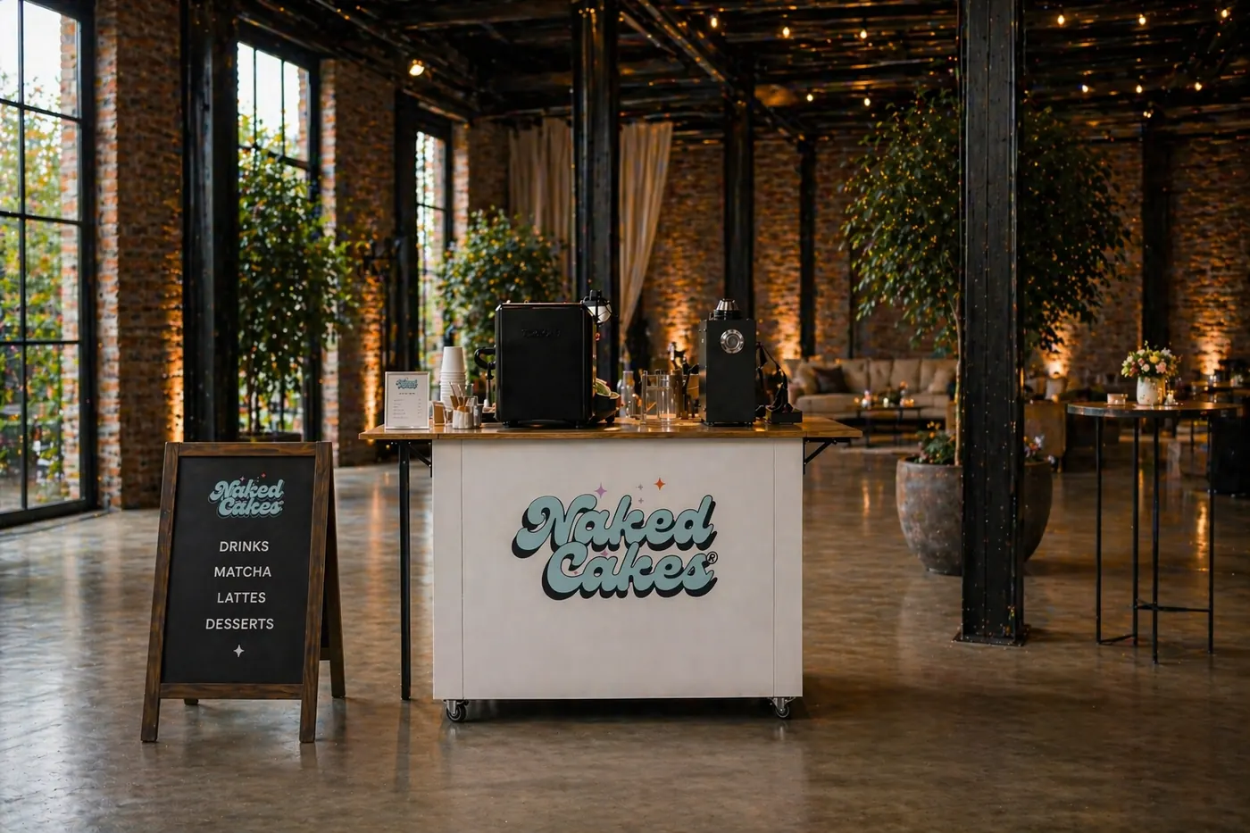 Impressiebeeld van de Naked Cakes-cart met koffiemachine en krijtbord op een event