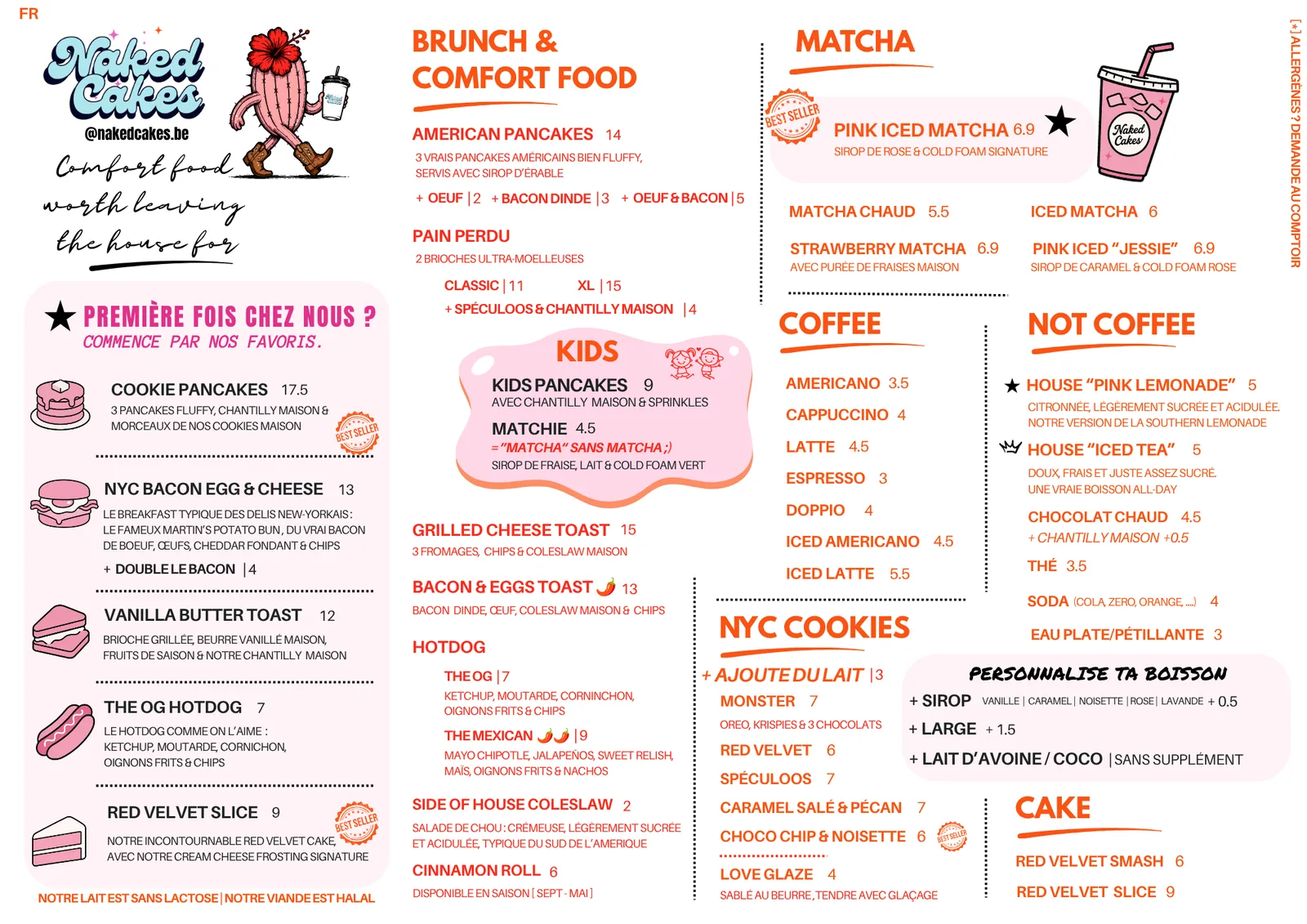 La carte en français de Naked Cakes, avec les mêmes plats et prix que ci-dessus.