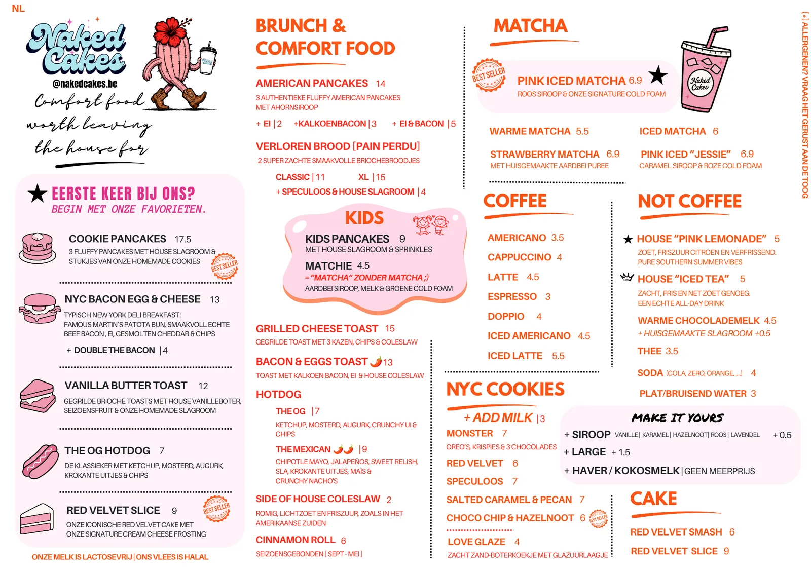 De Nederlandstalige menukaart van Naked Cakes, met dezelfde gerechten en prijzen als hierboven.